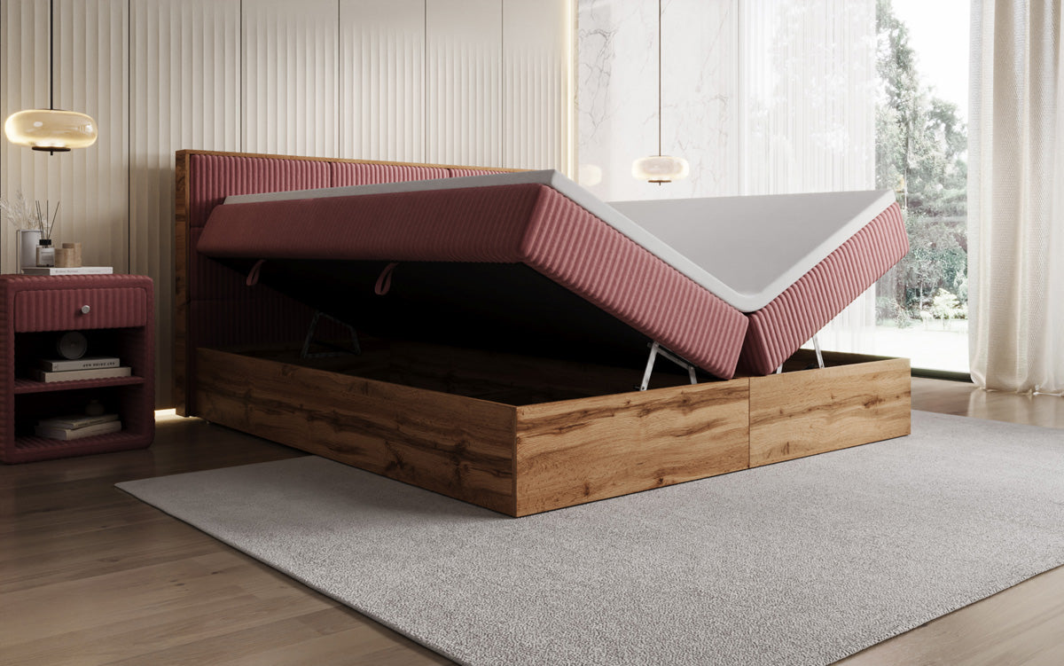 Box spring bed Timber Panel in Corduroy with storage space