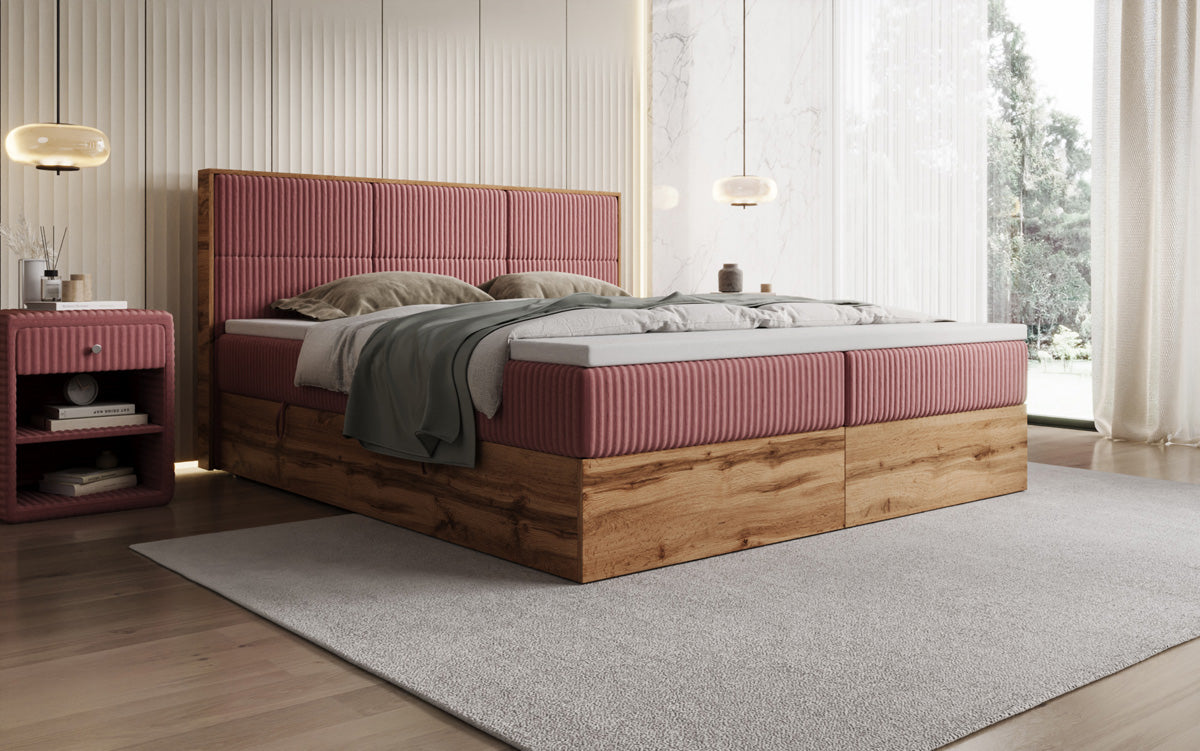 Box spring bed Timber Panel in Corduroy with storage space