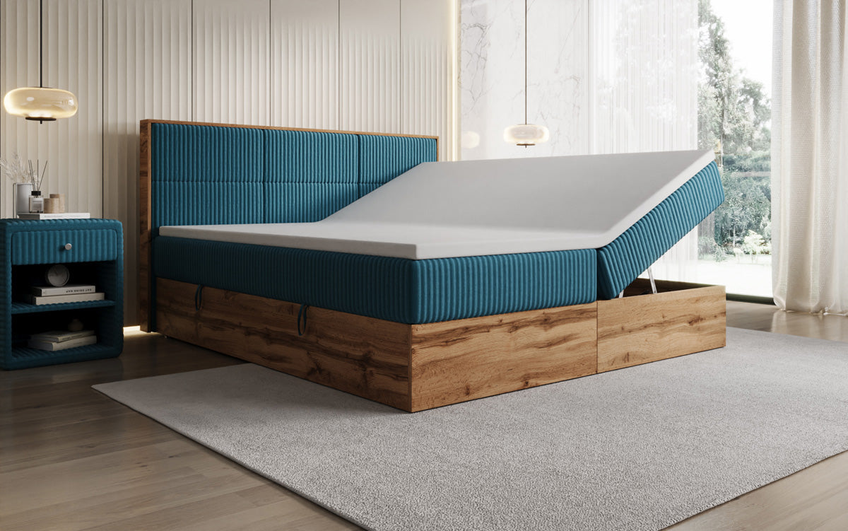 Box spring bed Timber Panel in Corduroy with storage space