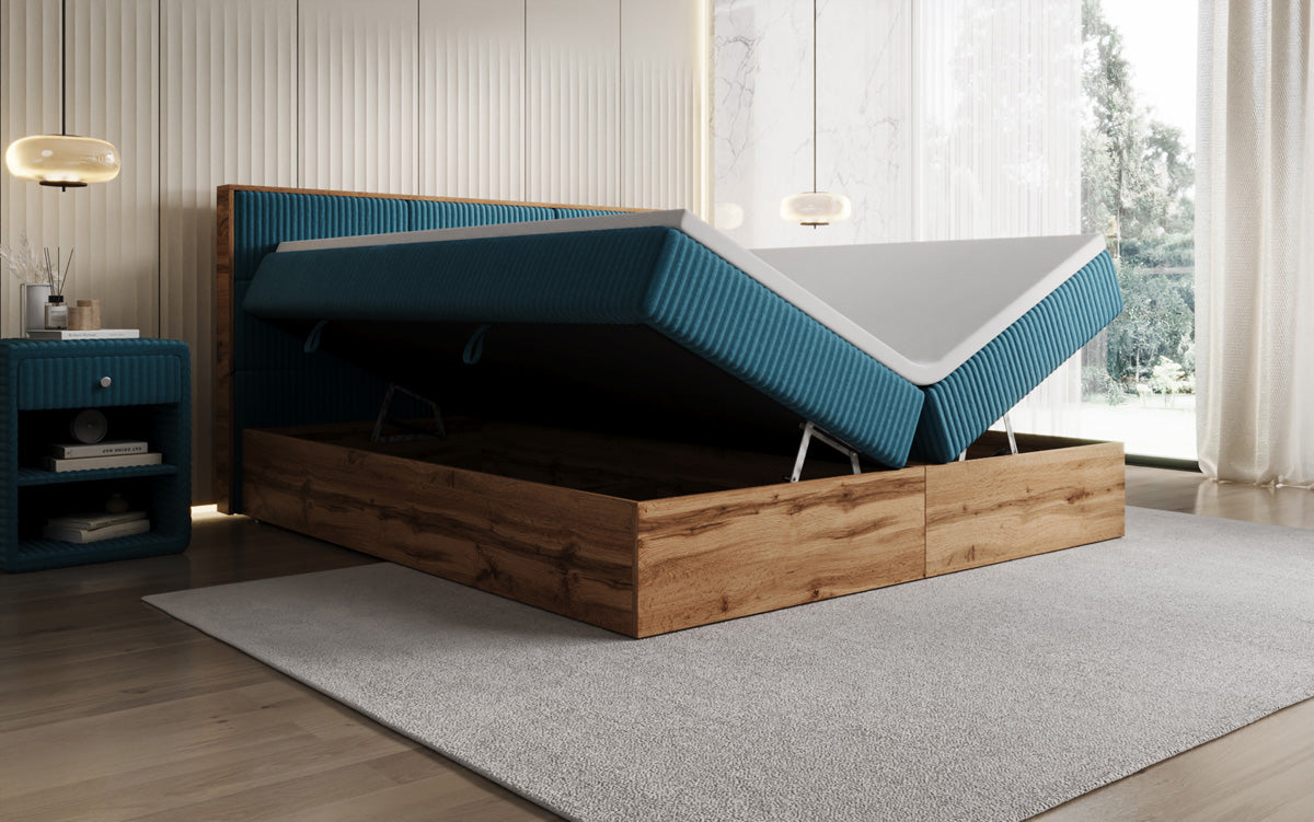Box spring bed Timber Panel in Corduroy with storage space