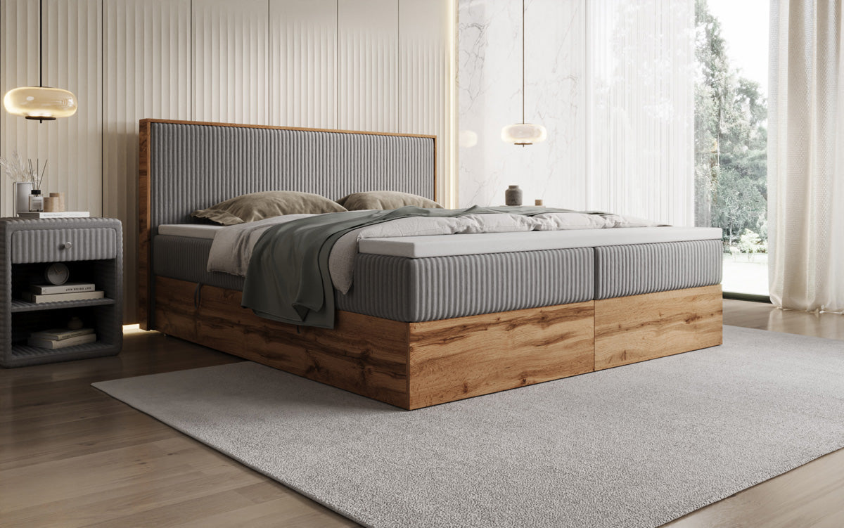 Box spring bed Timber in Corduroy with storage space