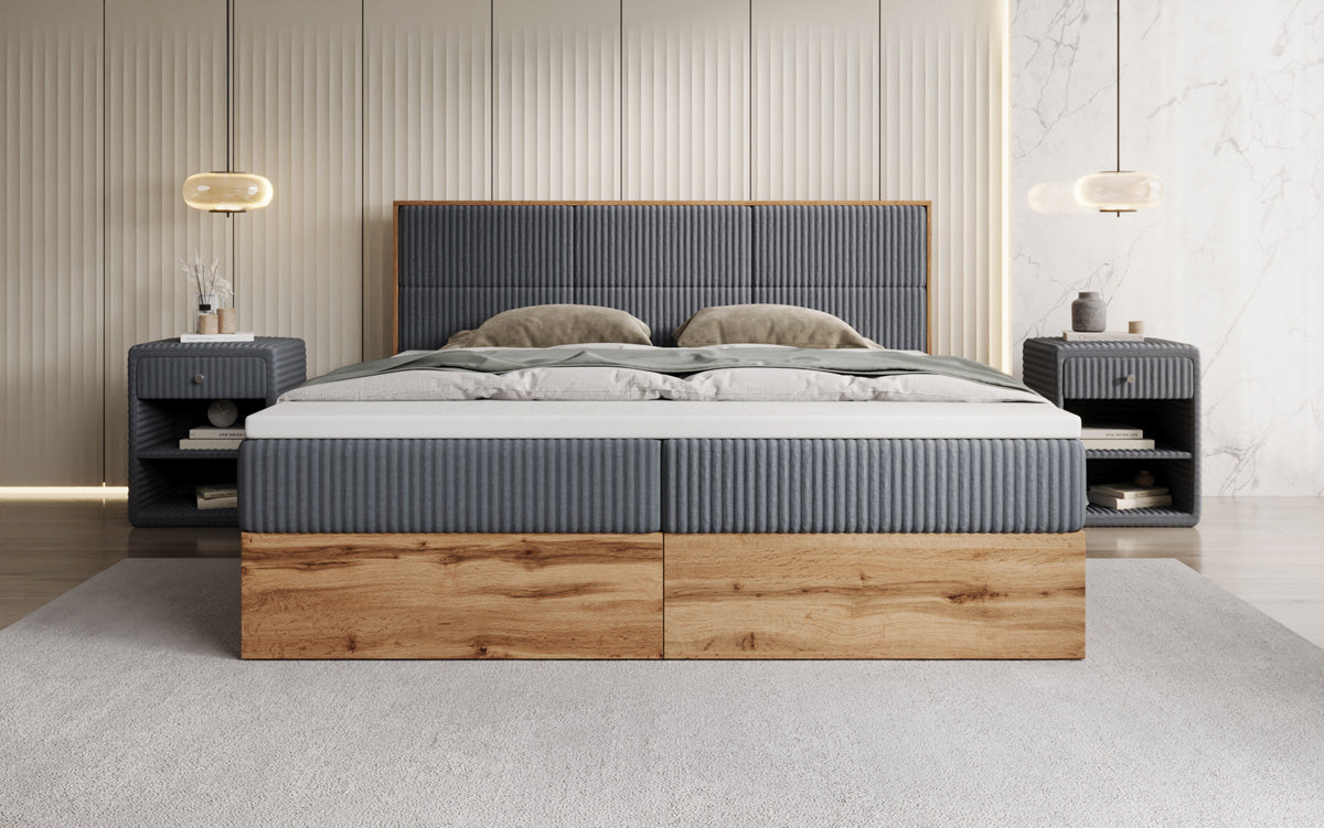 Box spring bed Timber Panel in Corduroy with storage space