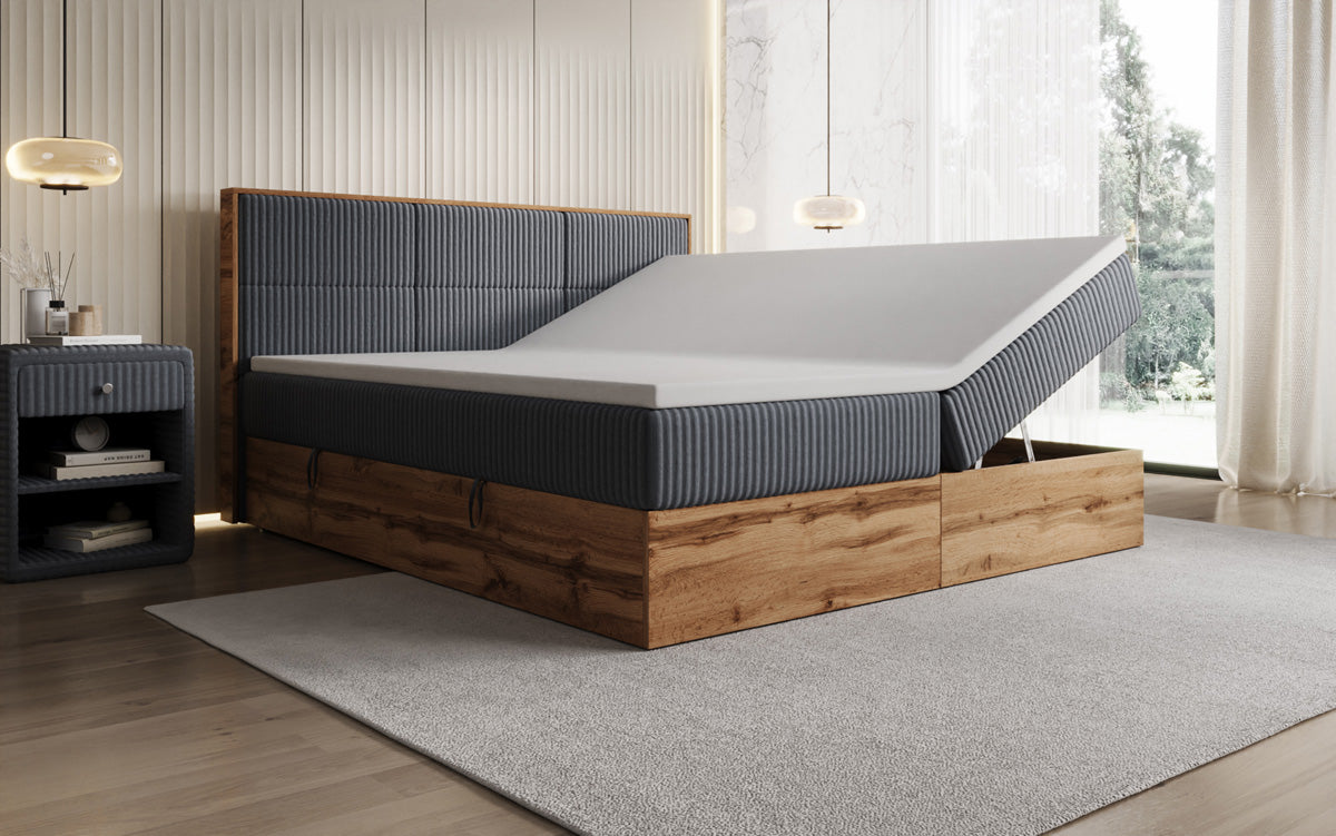 Box spring bed Timber Panel in Corduroy with storage space