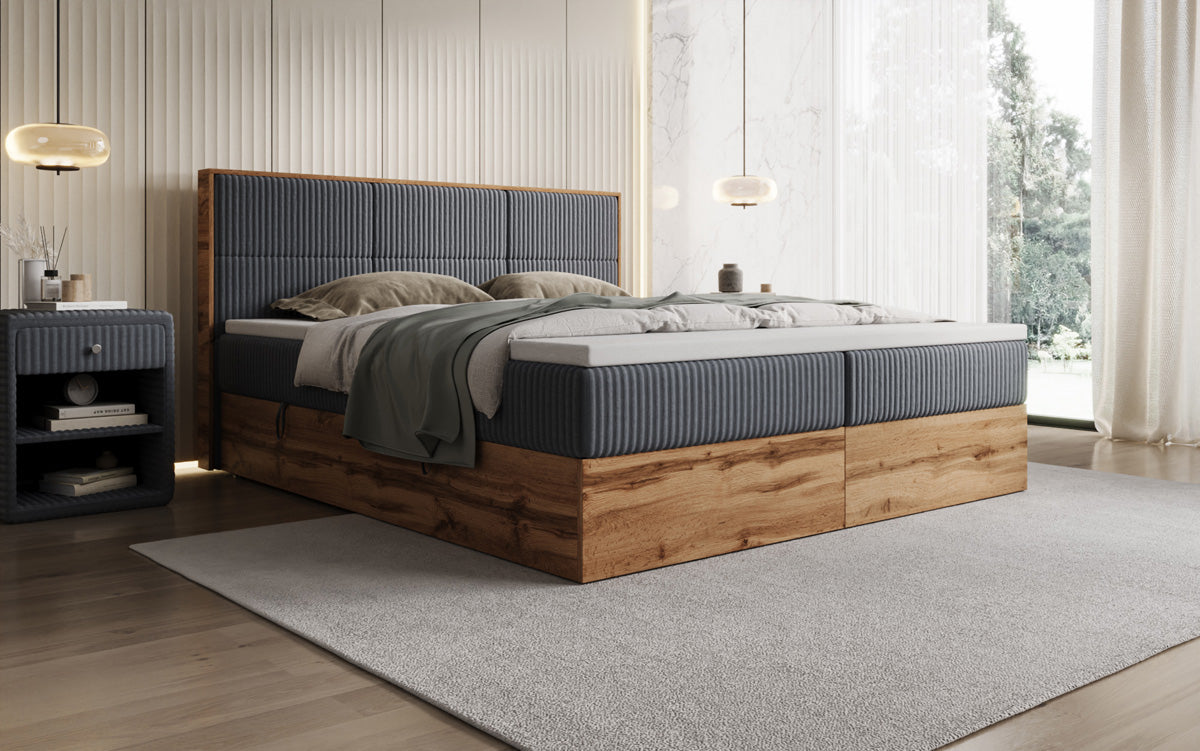 Box spring bed Timber Panel in Corduroy with storage space