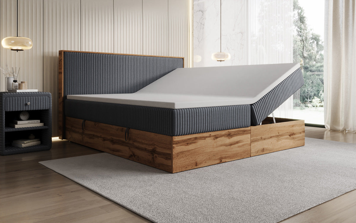 Box spring bed Timber in Corduroy with storage space