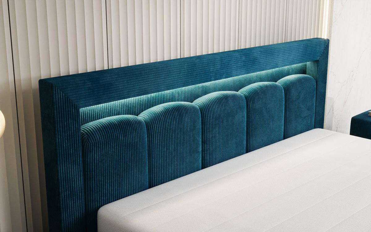 Designer upholstered bed Lume in Corduroy with storage space and RGB lighting