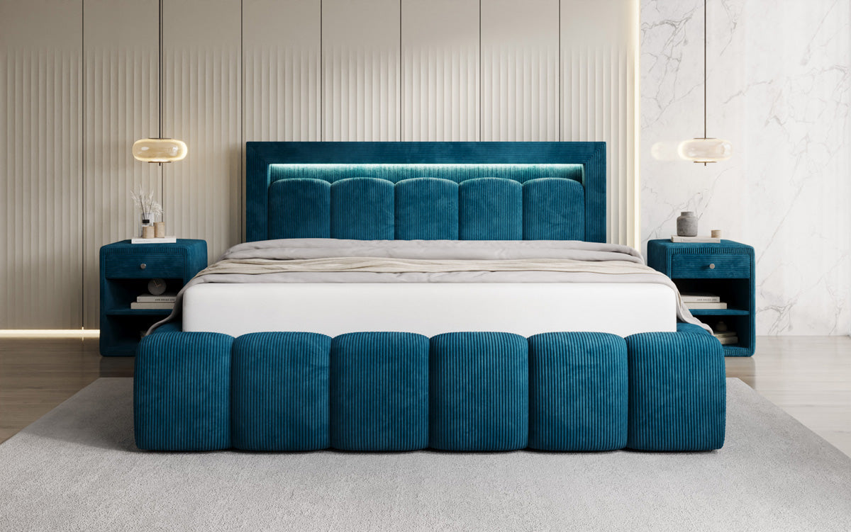 Designer upholstered bed Lume in Corduroy with storage space and RGB lighting