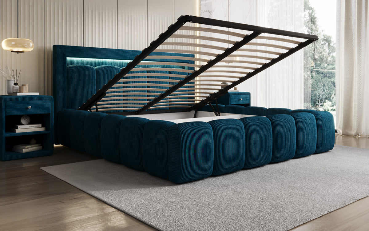 Designer upholstered bed Lume in Corduroy with storage space and RGB lighting