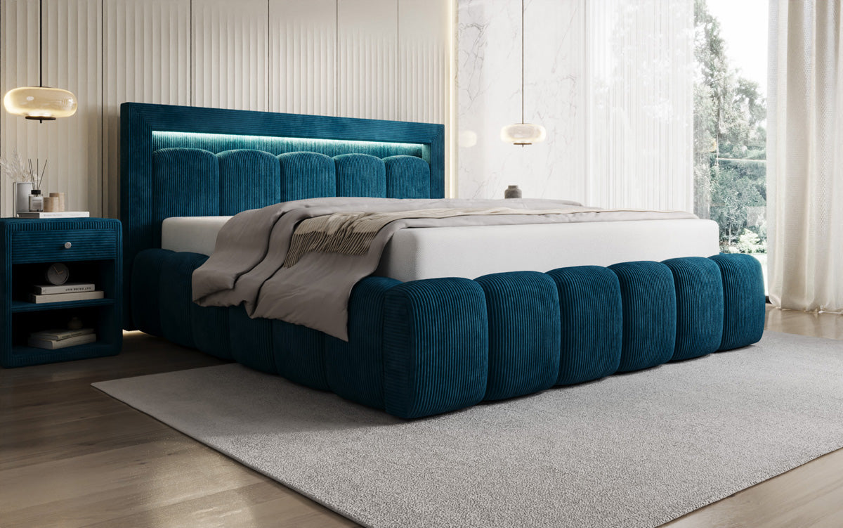 Designer upholstered bed Lume in Corduroy with storage space and RGB lighting