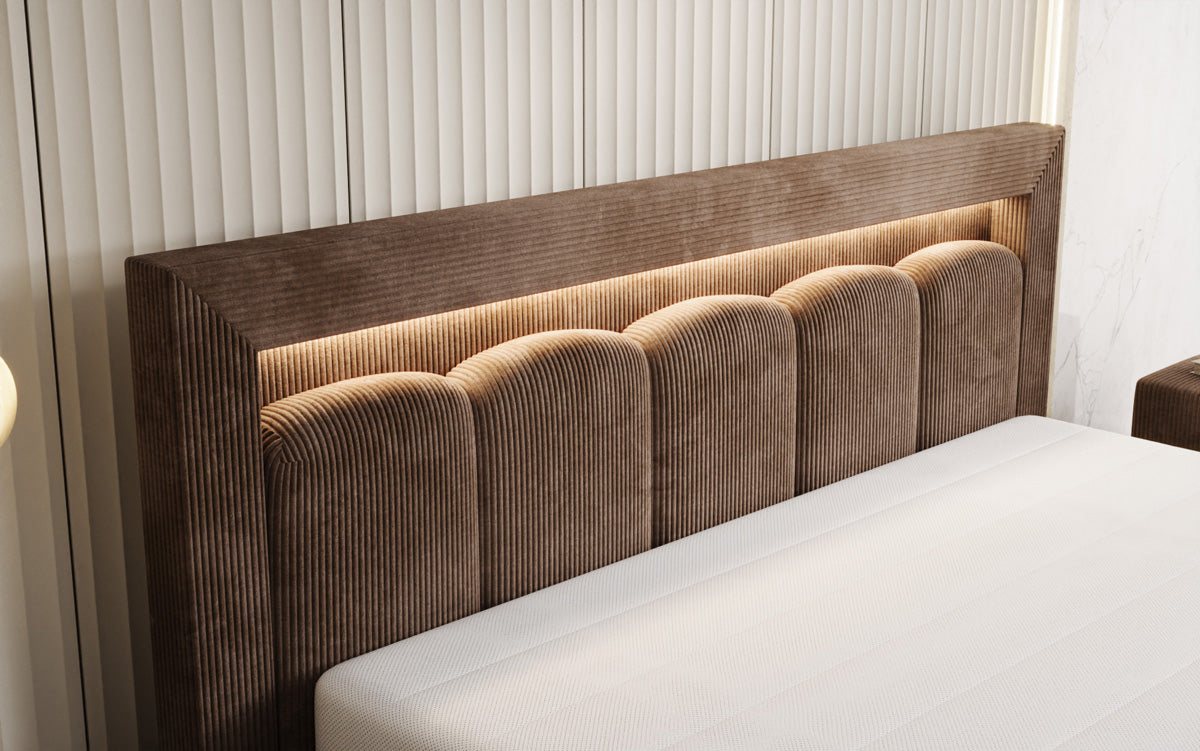 Designer upholstered bed Lume in Corduroy with storage space and RGB lighting