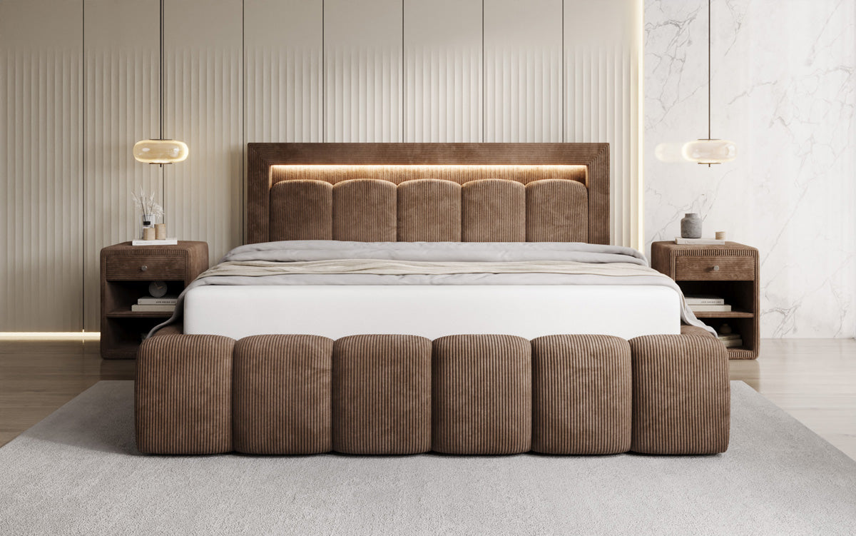 Designer upholstered bed Lume in Corduroy with storage space and RGB lighting