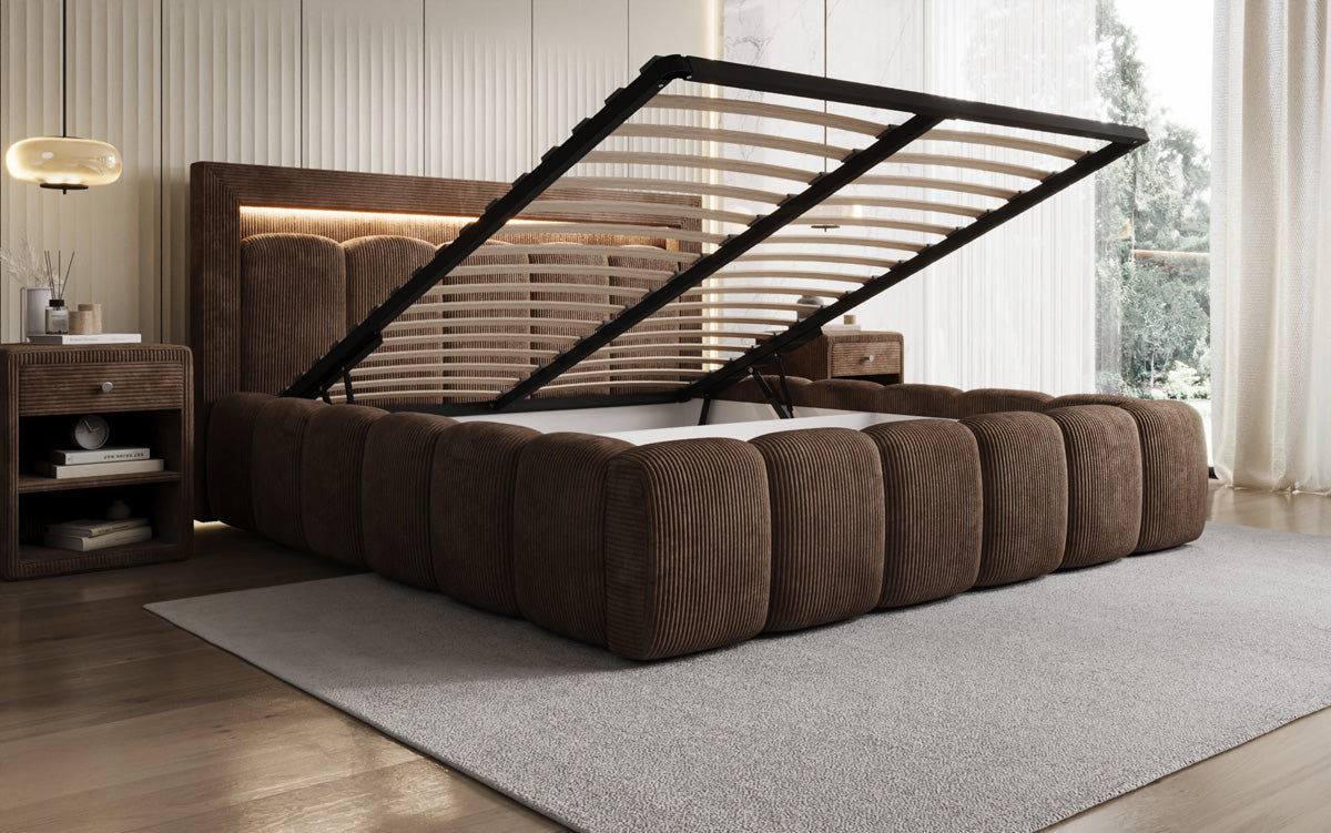 Designer upholstered bed Lume in Corduroy with storage space and RGB lighting