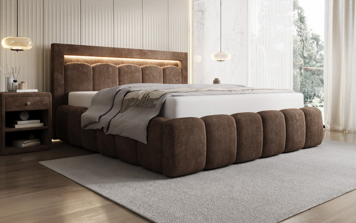 Designer upholstered bed Lume in Corduroy with storage space and RGB lighting