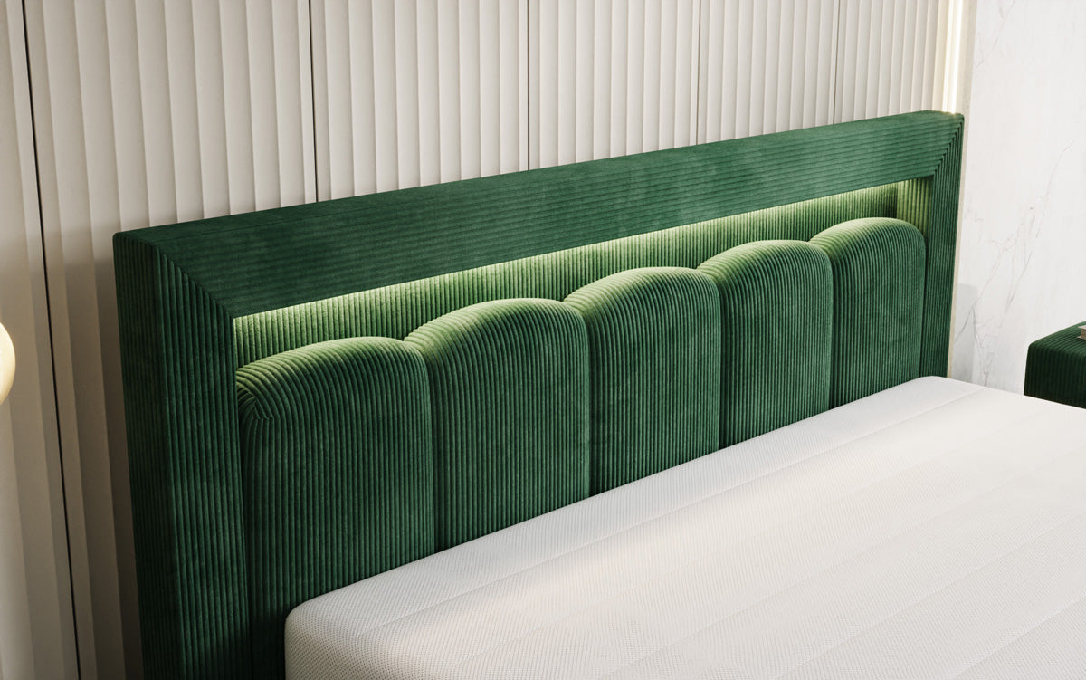 Designer upholstered bed Lume in Corduroy with storage space and RGB lighting