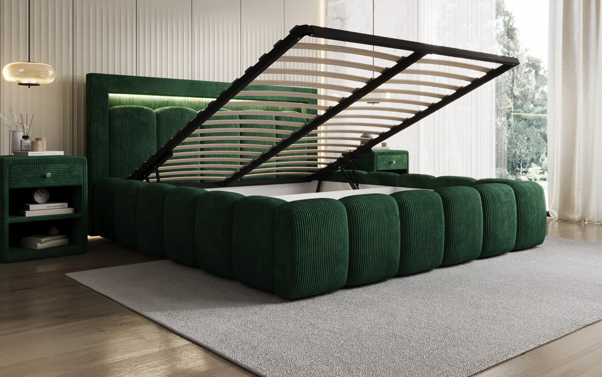 Designer upholstered bed Lume in Corduroy with storage space and RGB lighting