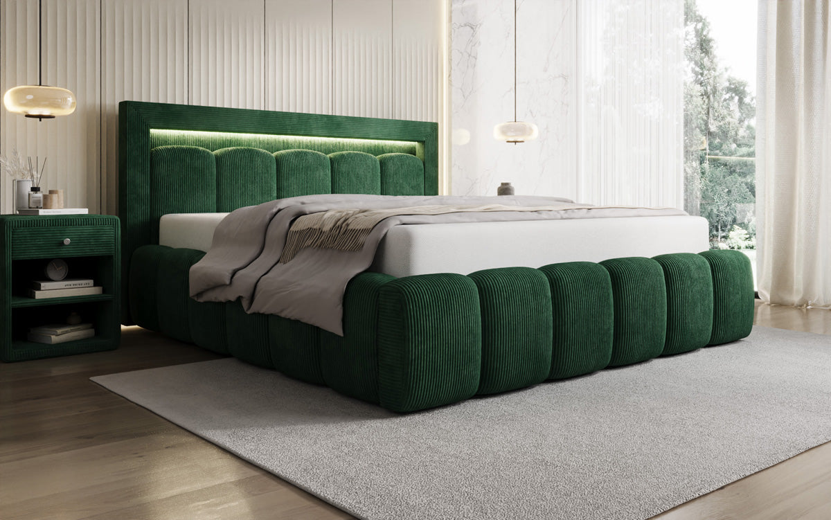 Designer upholstered bed Lume in Corduroy with storage space and RGB lighting