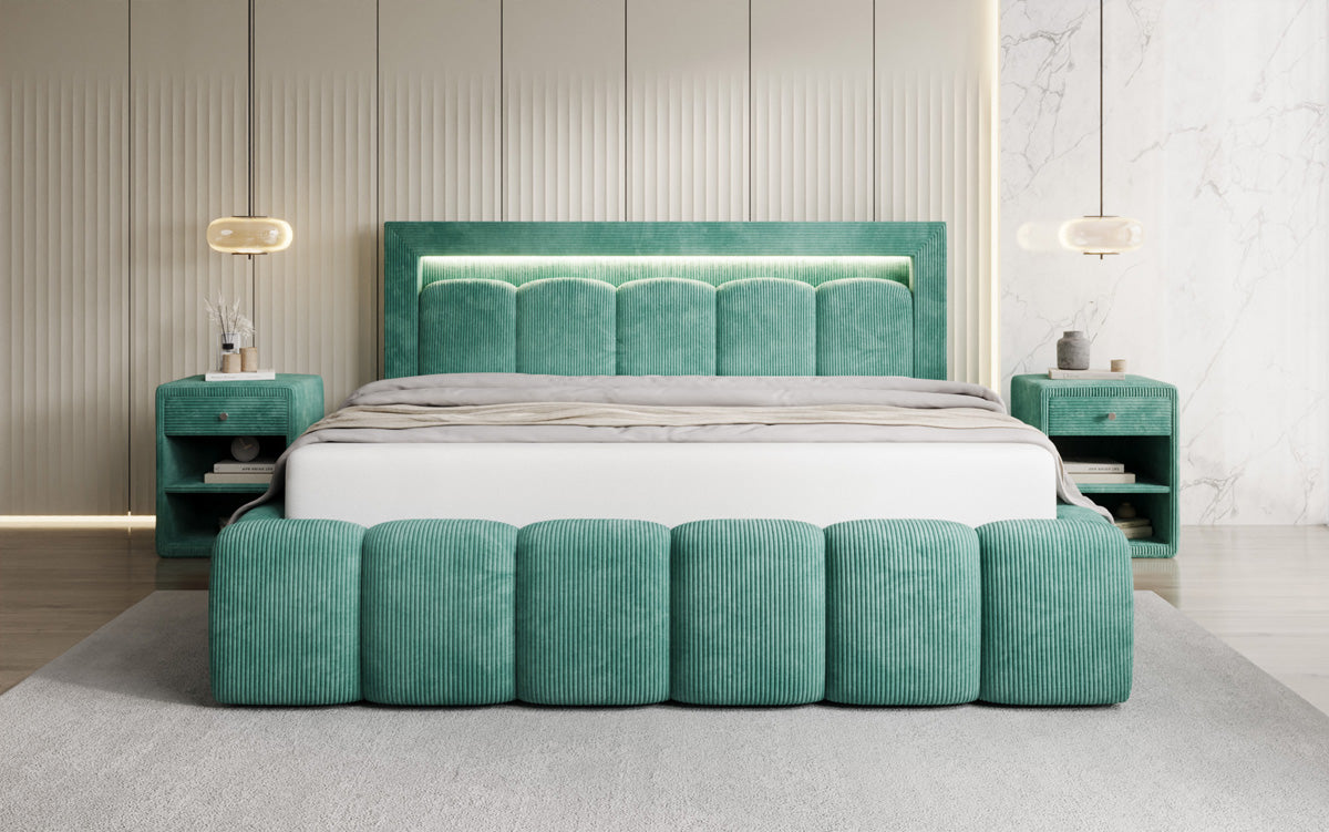 Designer upholstered bed Lume in Corduroy with storage space and RGB lighting
