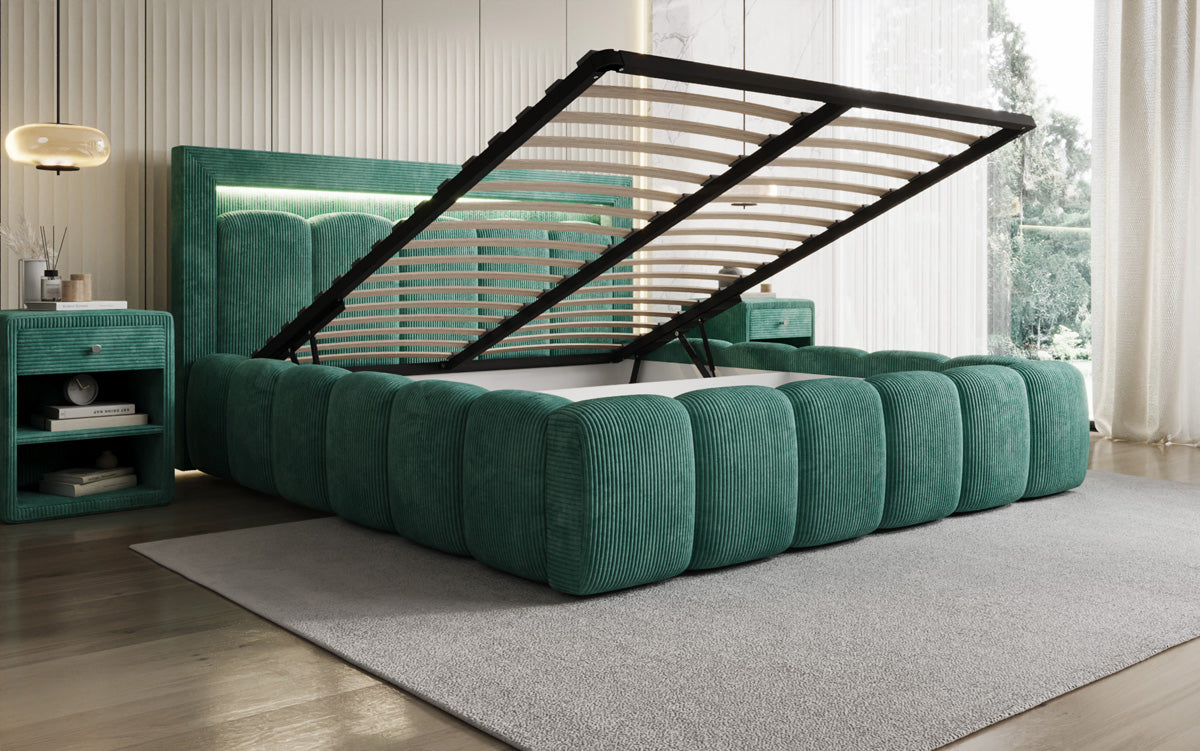 Designer upholstered bed Lume in Corduroy with storage space and RGB lighting