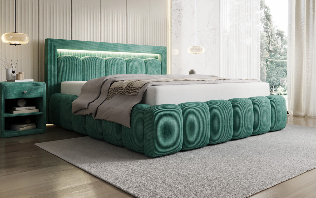 Designer upholstered bed Lume in Corduroy with storage space and RGB lighting