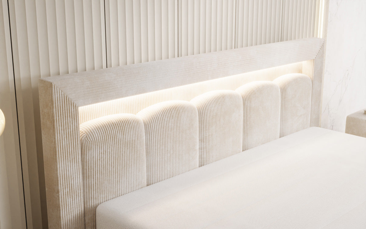 Designer upholstered bed Lume in Corduroy with storage space and RGB lighting