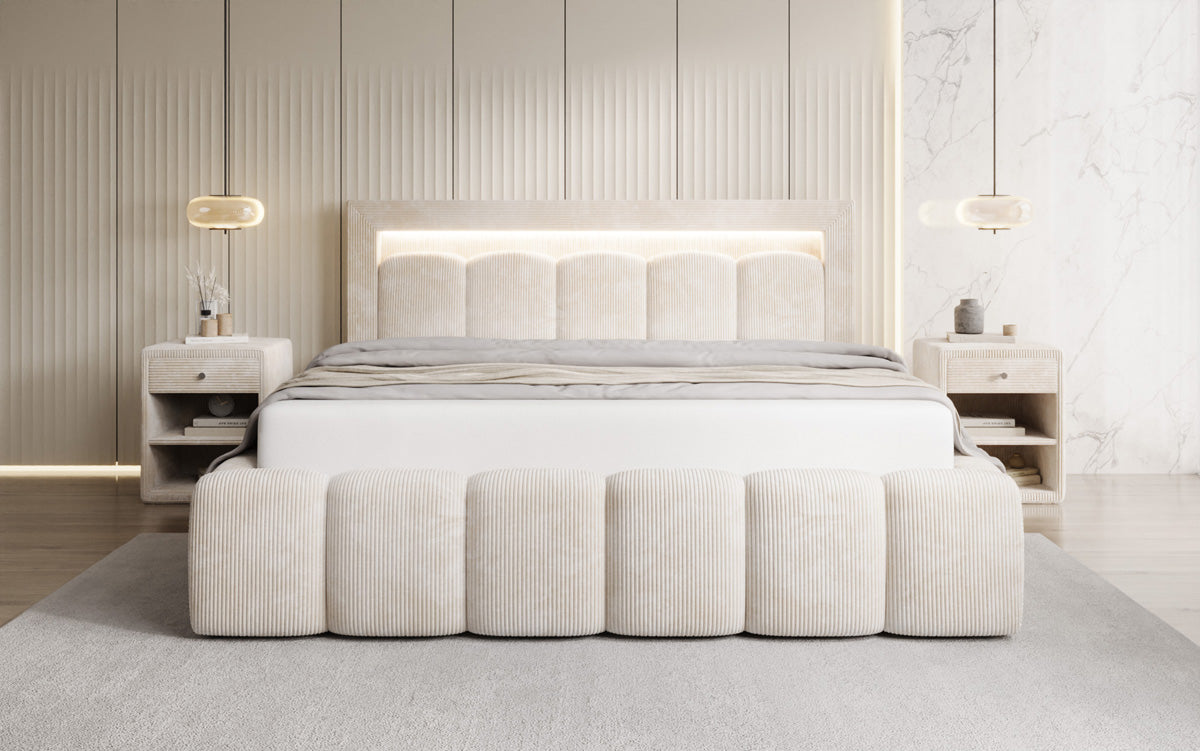 Designer upholstered bed Lume in Corduroy with storage space and RGB lighting