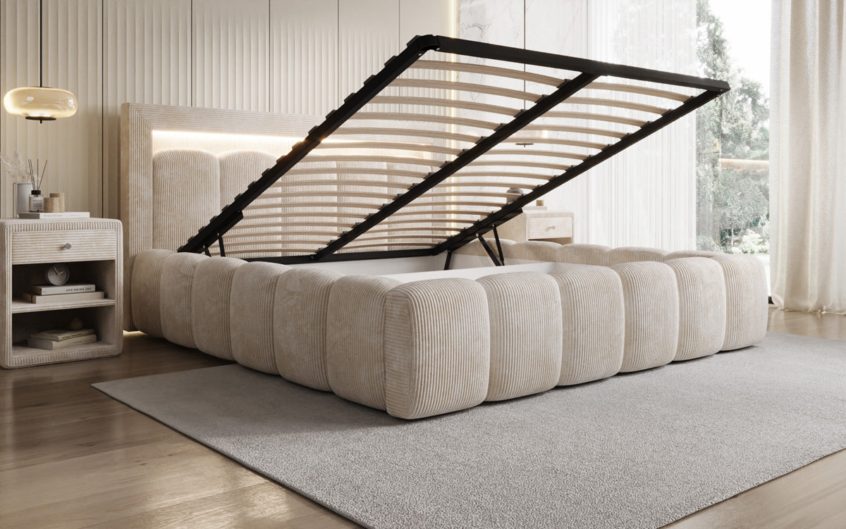 Designer upholstered bed Lume in Corduroy with storage space and RGB lighting