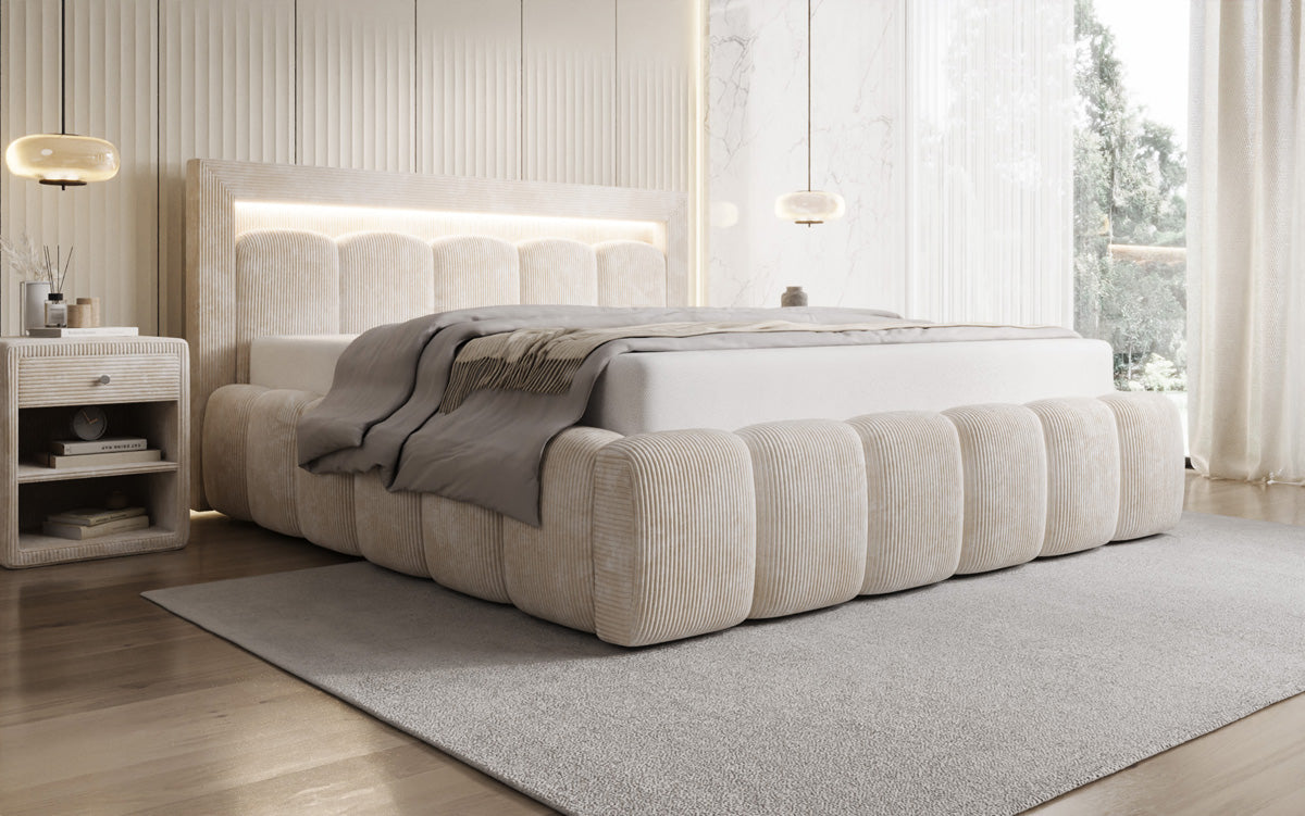 Designer upholstered bed Lume in Corduroy with storage space and RGB lighting