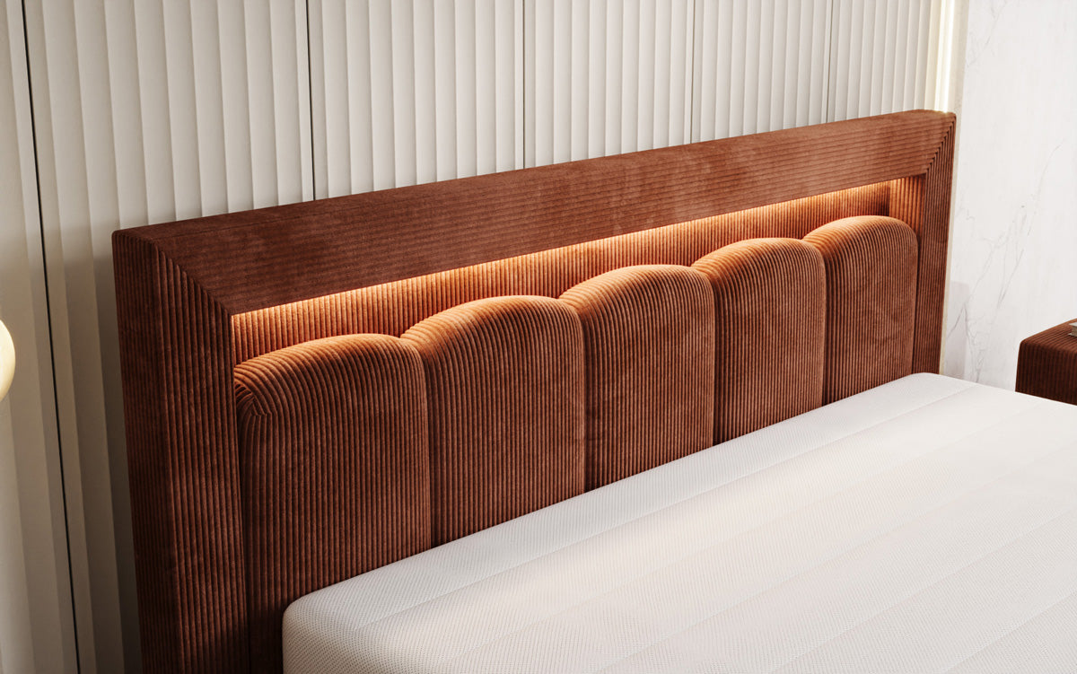Designer upholstered bed Lume in Corduroy with storage space and RGB lighting