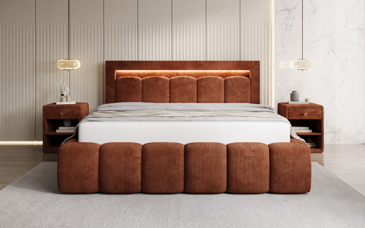 Designer upholstered bed Lume in Corduroy with storage space and RGB lighting