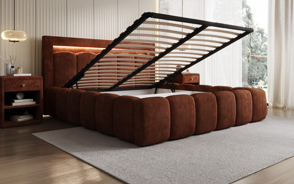 Designer upholstered bed Lume in Corduroy with storage space and RGB lighting