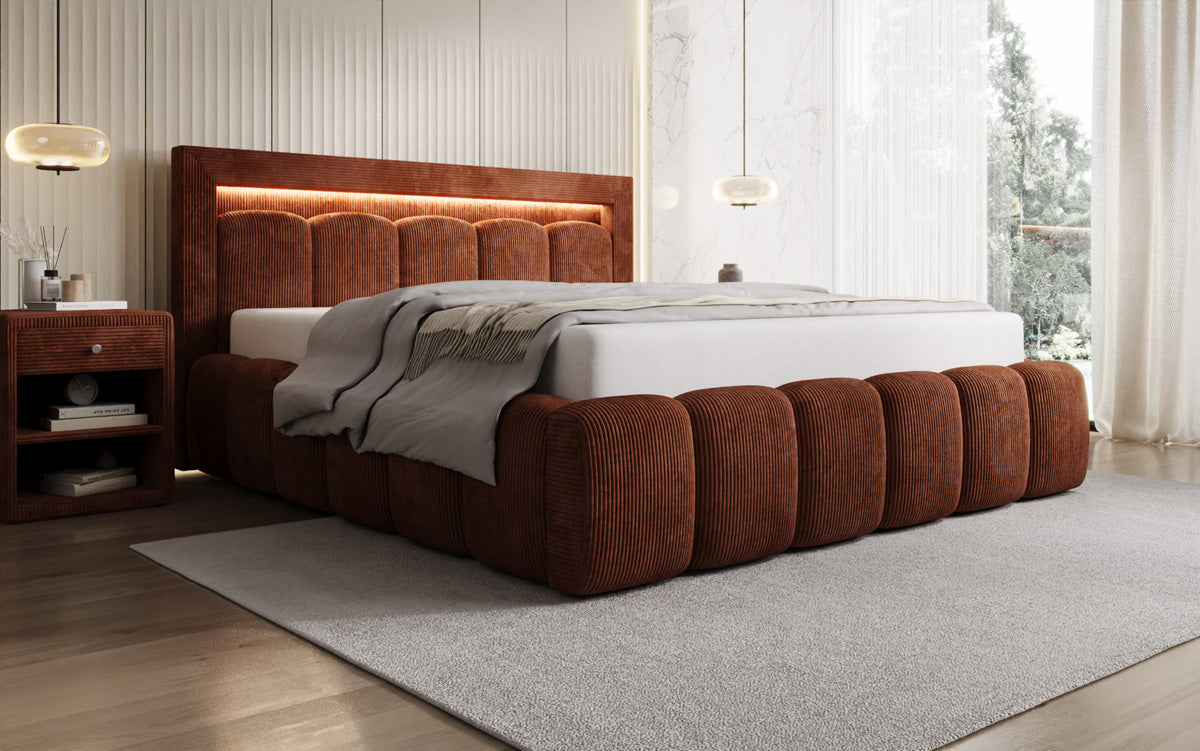 Designer upholstered bed Lume in Corduroy with storage space and RGB lighting