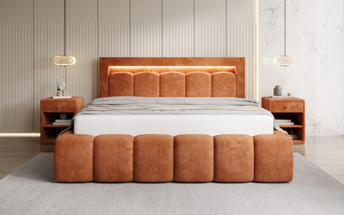 Designer upholstered bed Lume in Corduroy with storage space and RGB lighting