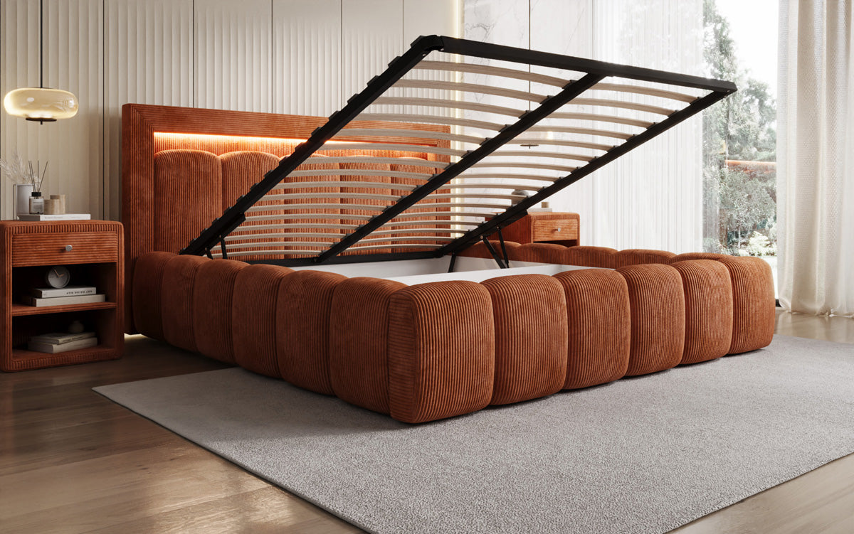 Designer upholstered bed Lume in Corduroy with storage space and RGB lighting