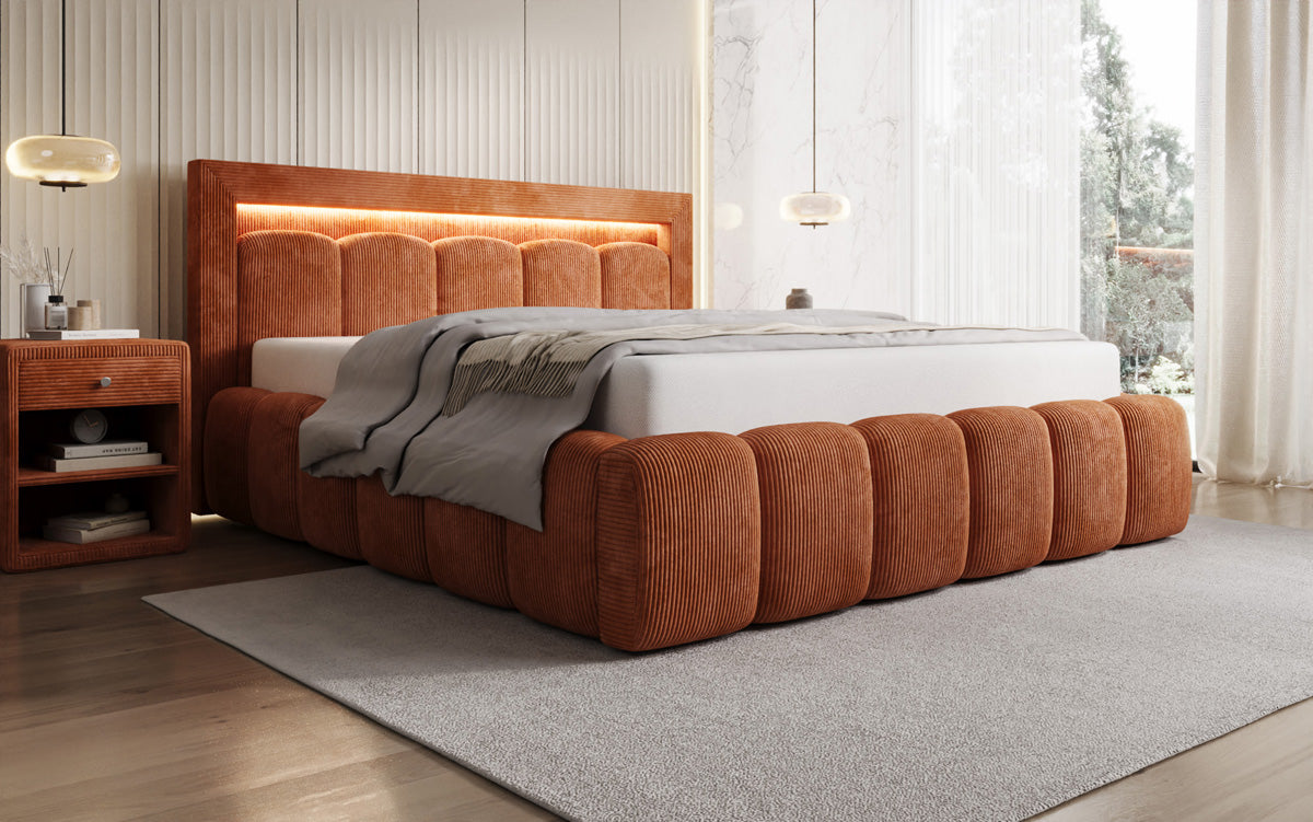 Designer upholstered bed Lume in Corduroy with storage space and RGB lighting