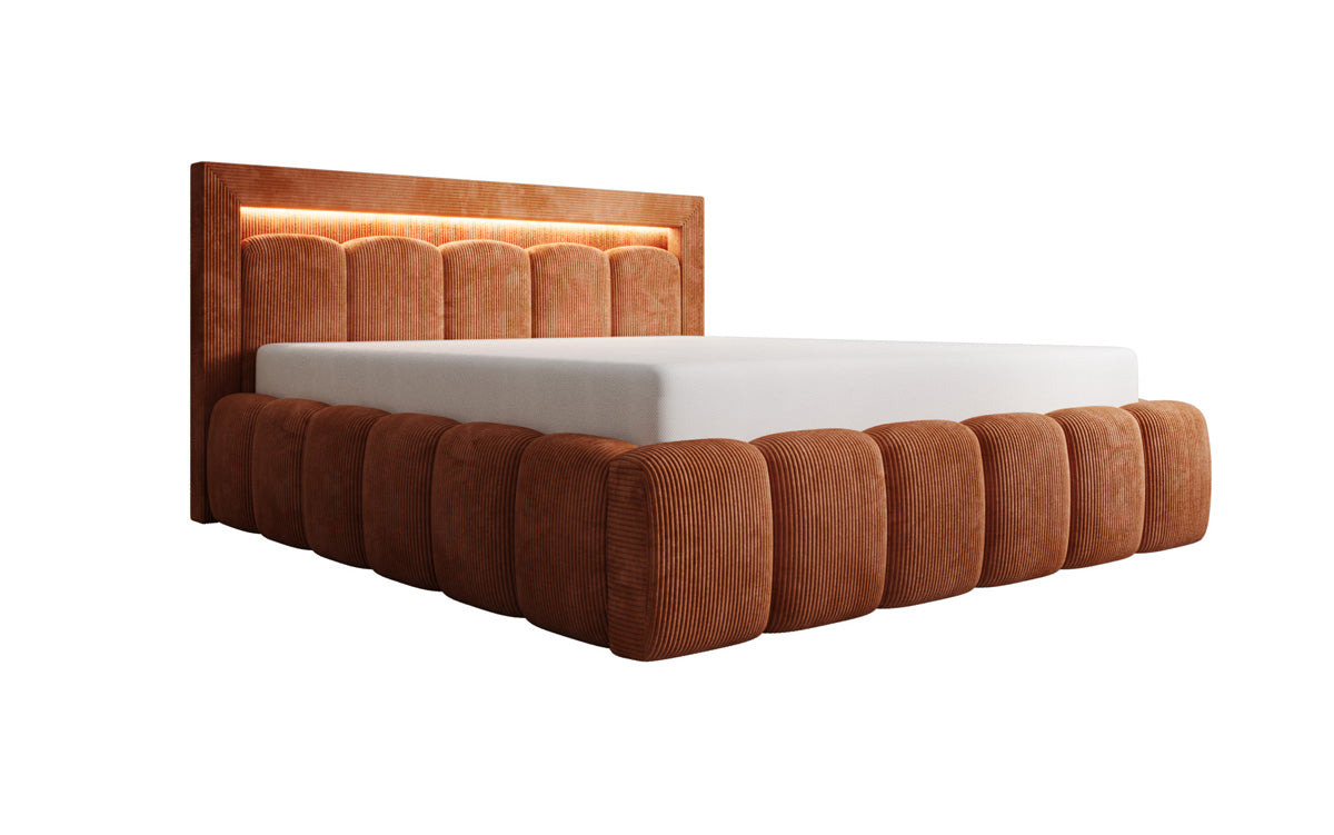 Designer upholstered bed Lume in Corduroy with storage space and RGB lighting
