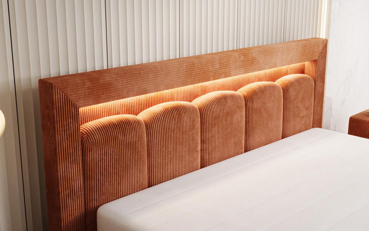 Designer upholstered bed Lume in Corduroy with storage space and RGB lighting
