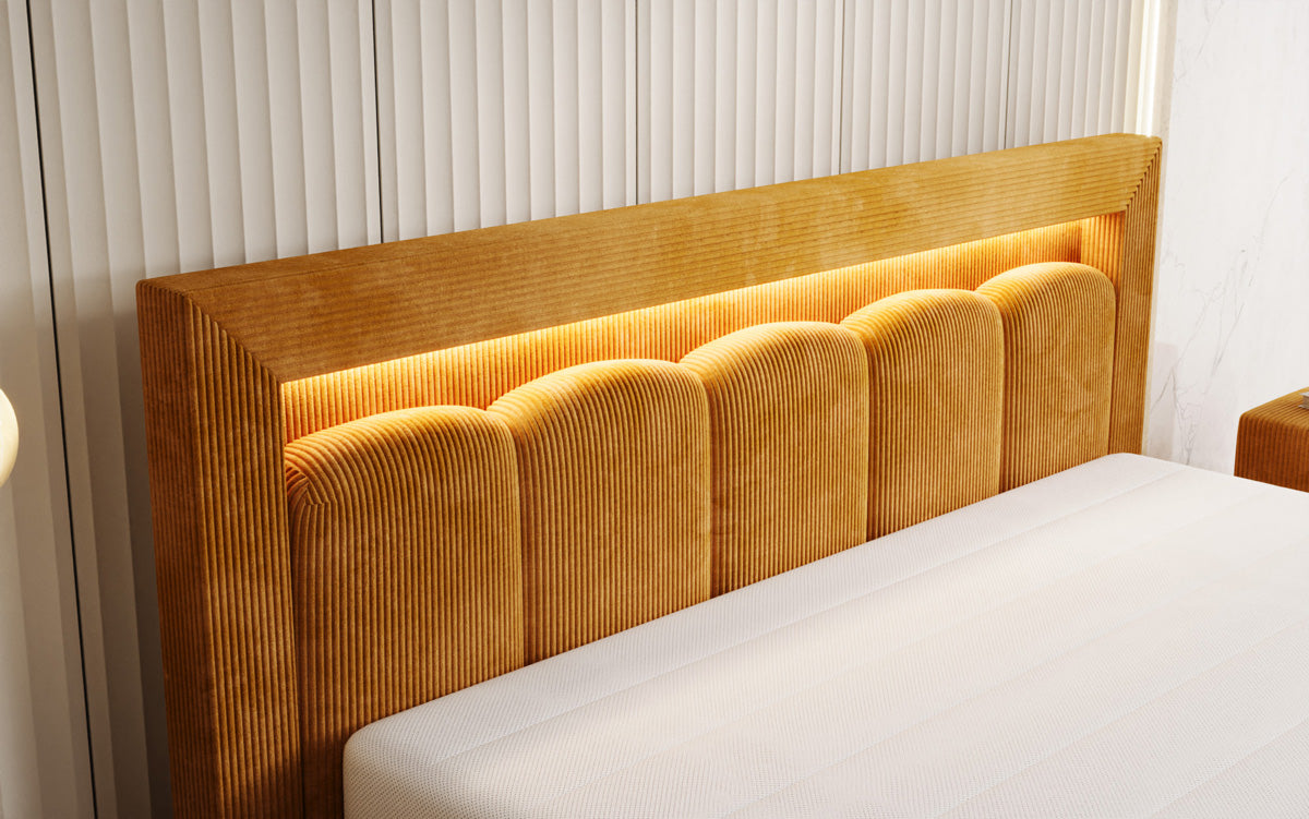 Designer upholstered bed Lume in Corduroy with storage space and RGB lighting