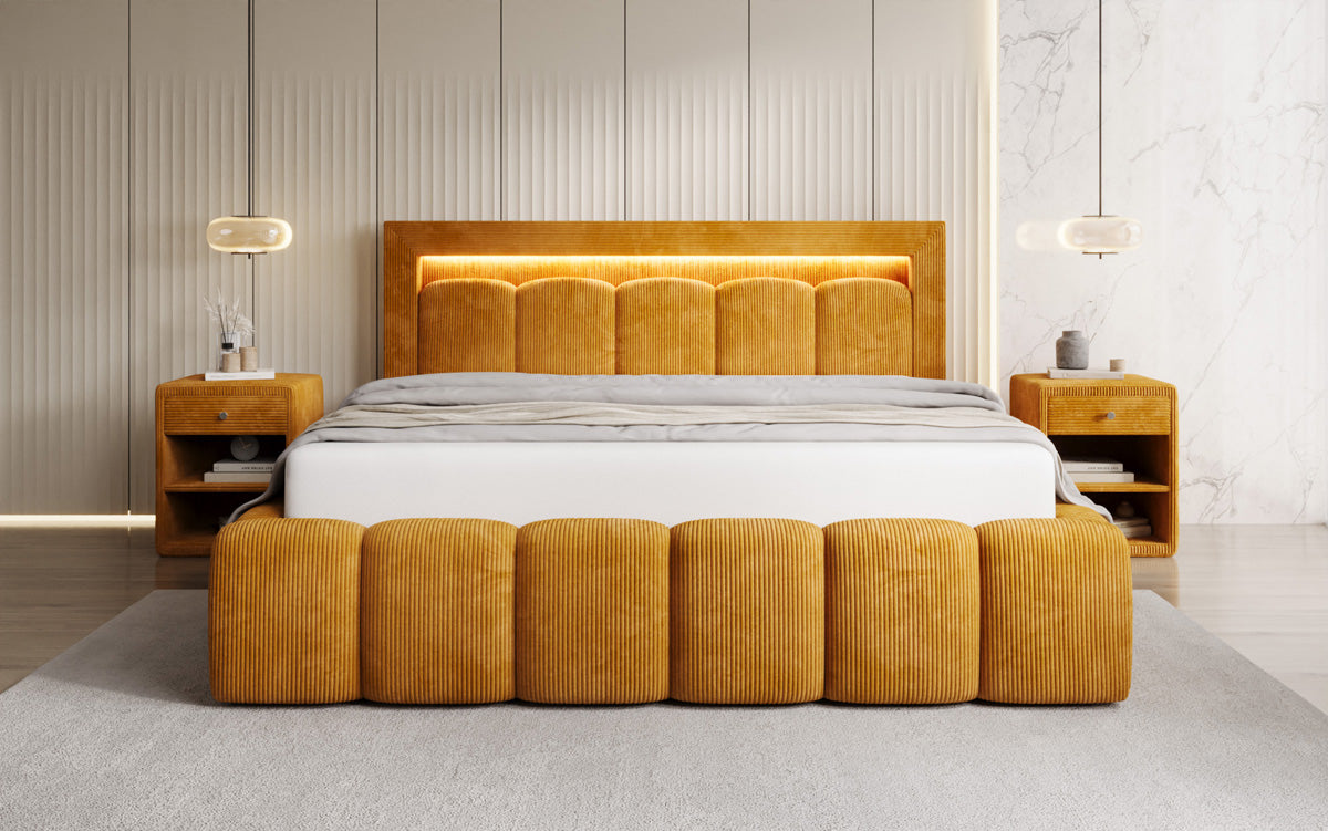 Designer upholstered bed Lume in Corduroy with storage space and RGB lighting