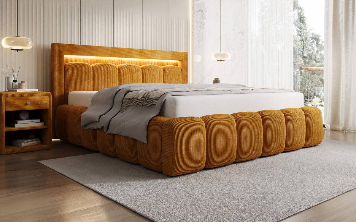 Designer upholstered bed Lume in Corduroy with storage space and RGB lighting