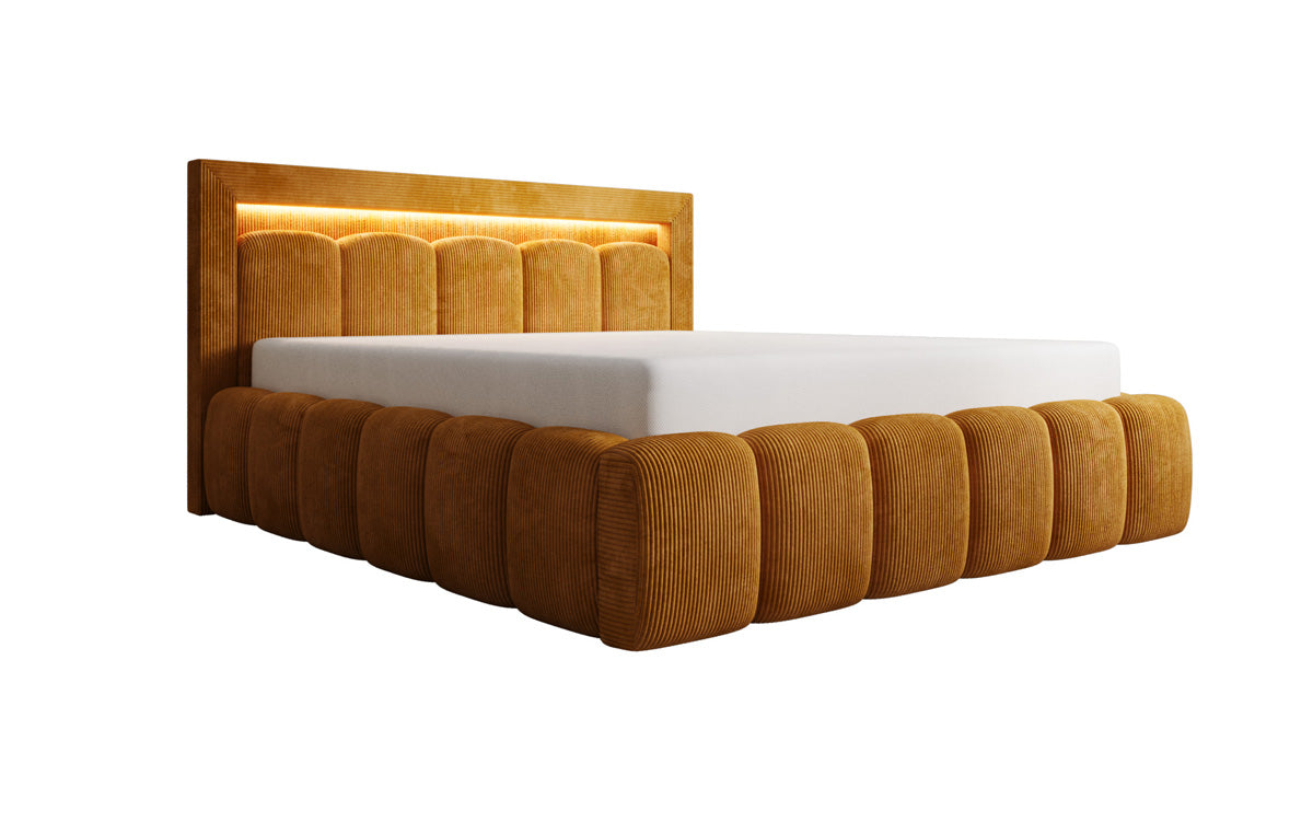 Designer upholstered bed Lume in Corduroy with storage space and RGB lighting