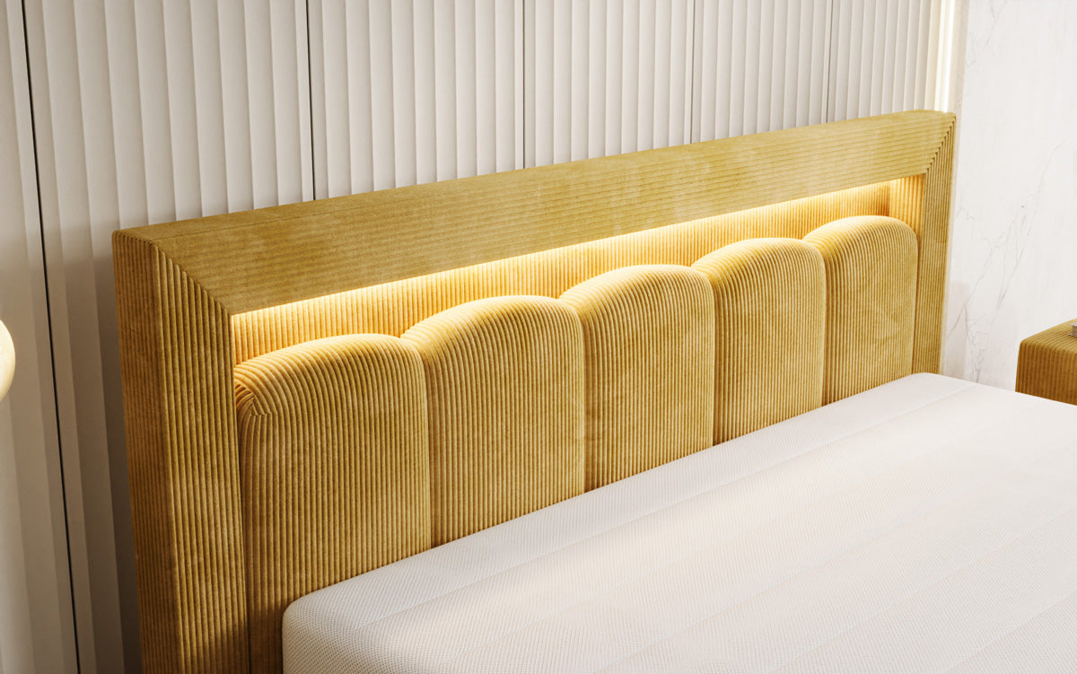 Designer upholstered bed Lume in Corduroy with storage space and RGB lighting