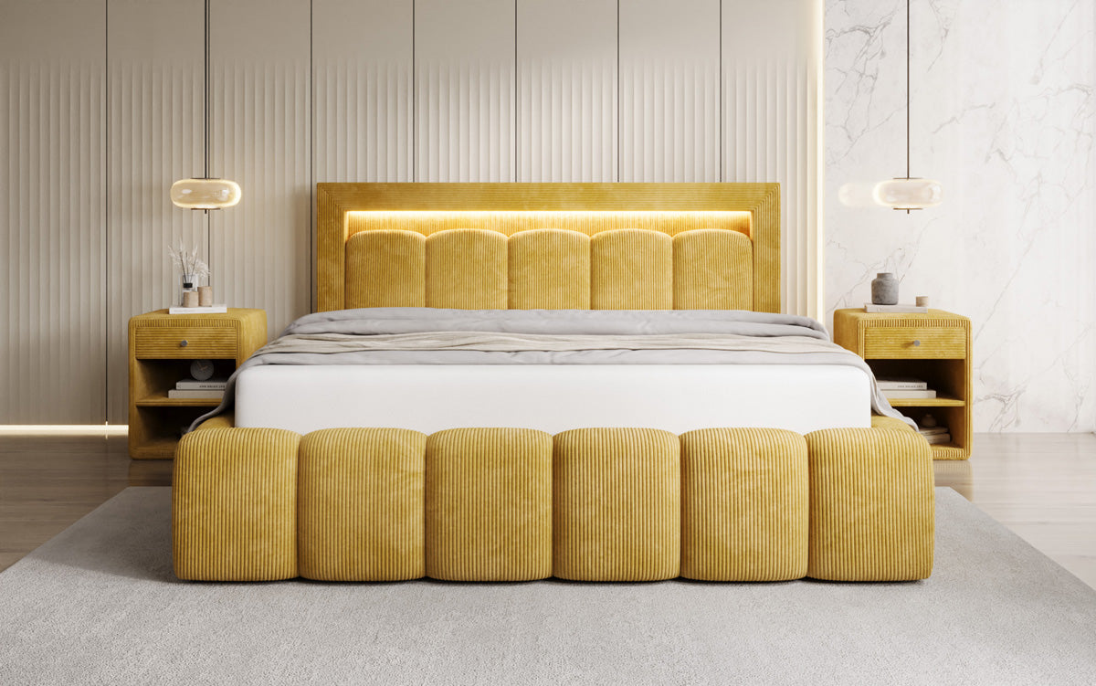 Designer upholstered bed Lume in Corduroy with storage space and RGB lighting