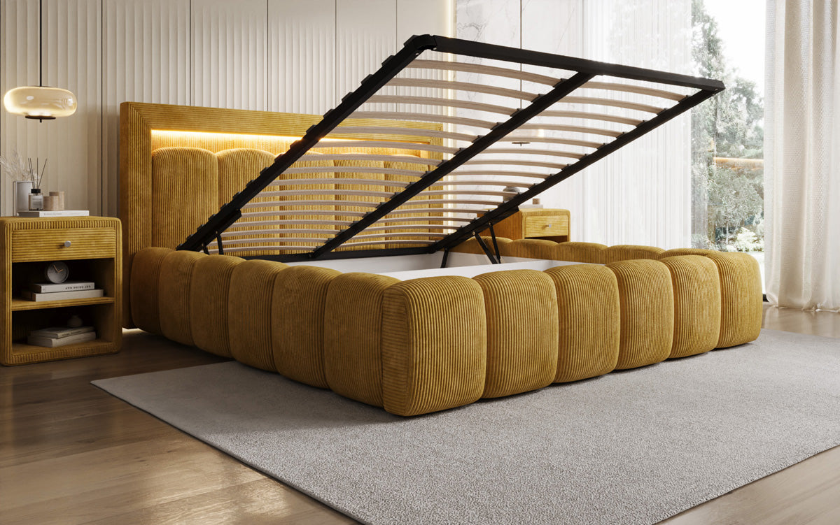 Designer upholstered bed Lume in Corduroy with storage space and RGB lighting