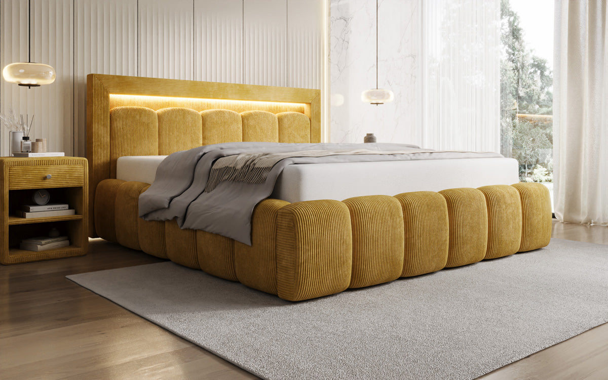 Designer upholstered bed Lume in Corduroy with storage space and RGB lighting