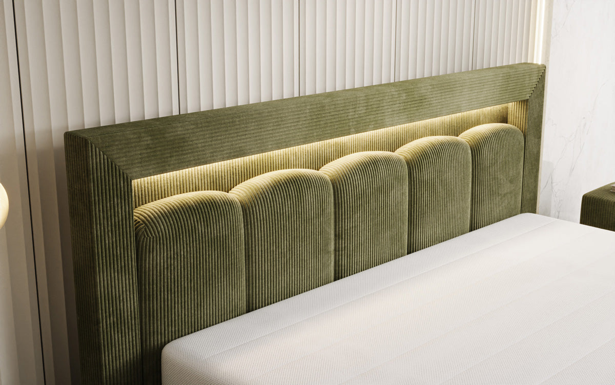 Designer upholstered bed Lume in Corduroy with storage space and RGB lighting
