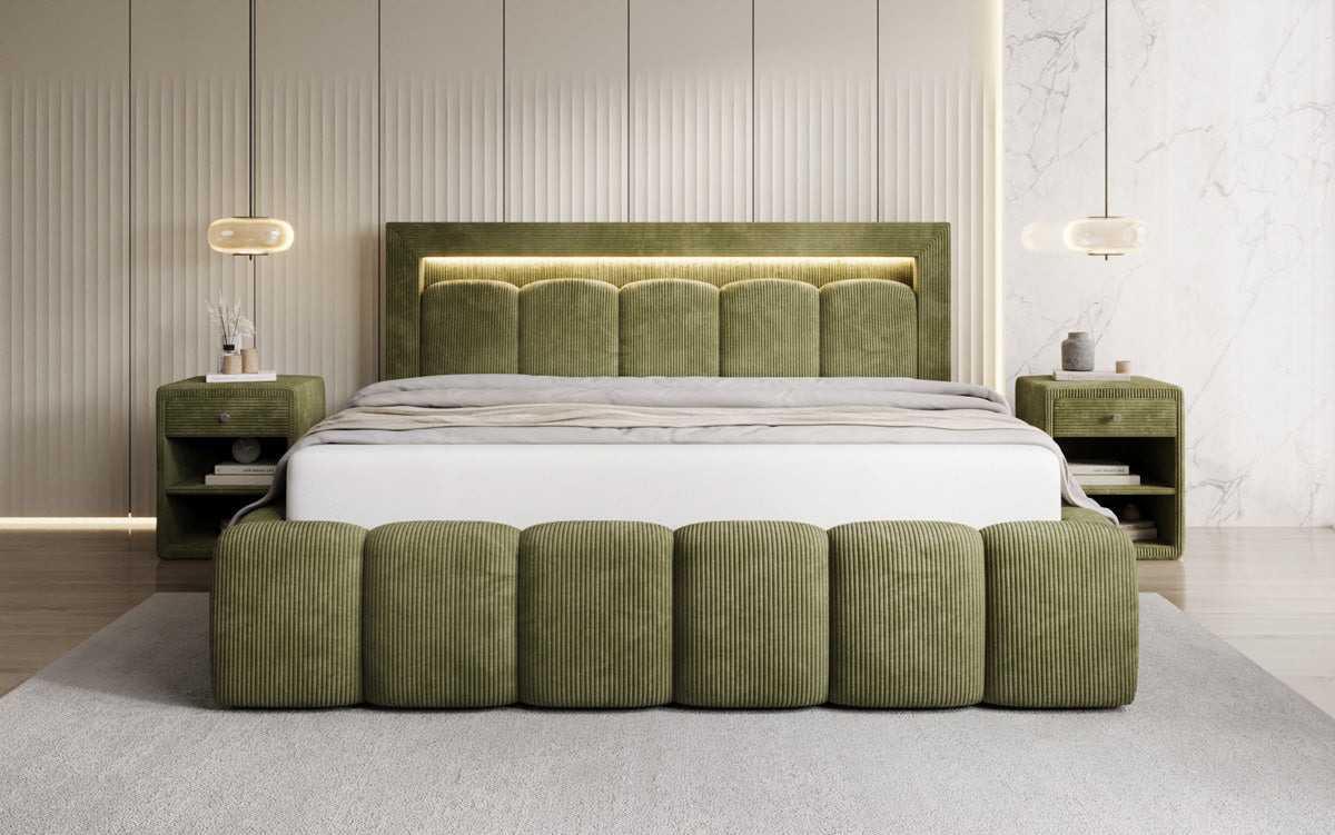 Designer upholstered bed Lume in Corduroy with storage space and RGB lighting