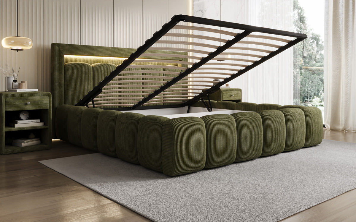 Designer upholstered bed Lume in Corduroy with storage space and RGB lighting