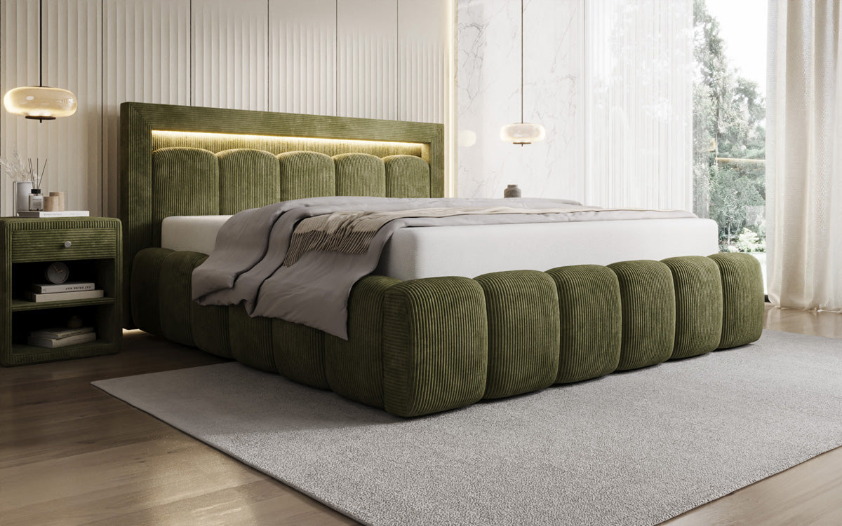 Designer upholstered bed Lume in Corduroy with storage space and RGB lighting