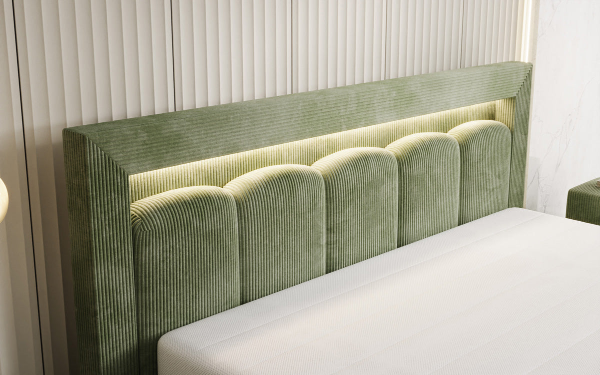 Designer upholstered bed Lume in Corduroy with storage space and RGB lighting