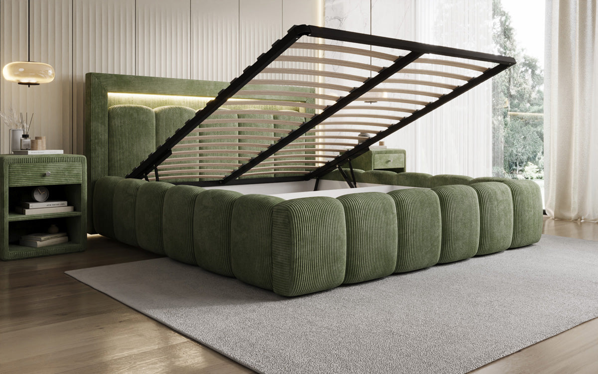 Designer upholstered bed Lume in Corduroy with storage space and RGB lighting